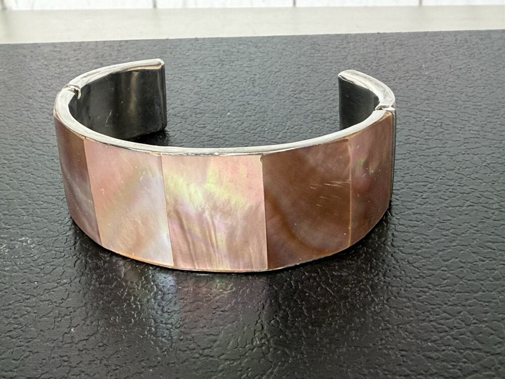 Vintage Pink Abalone Shell Inlay Panel Cuff Bracelet Tropical Glam